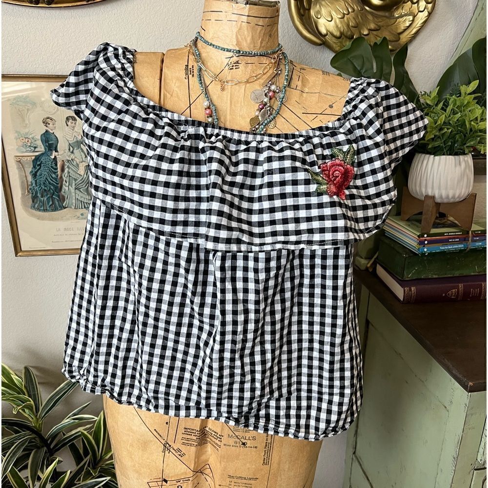 Ambiance White BlackβPlaid Gingham Ruffle Rose Embroidery Blouse Szβ 2XβTrendy